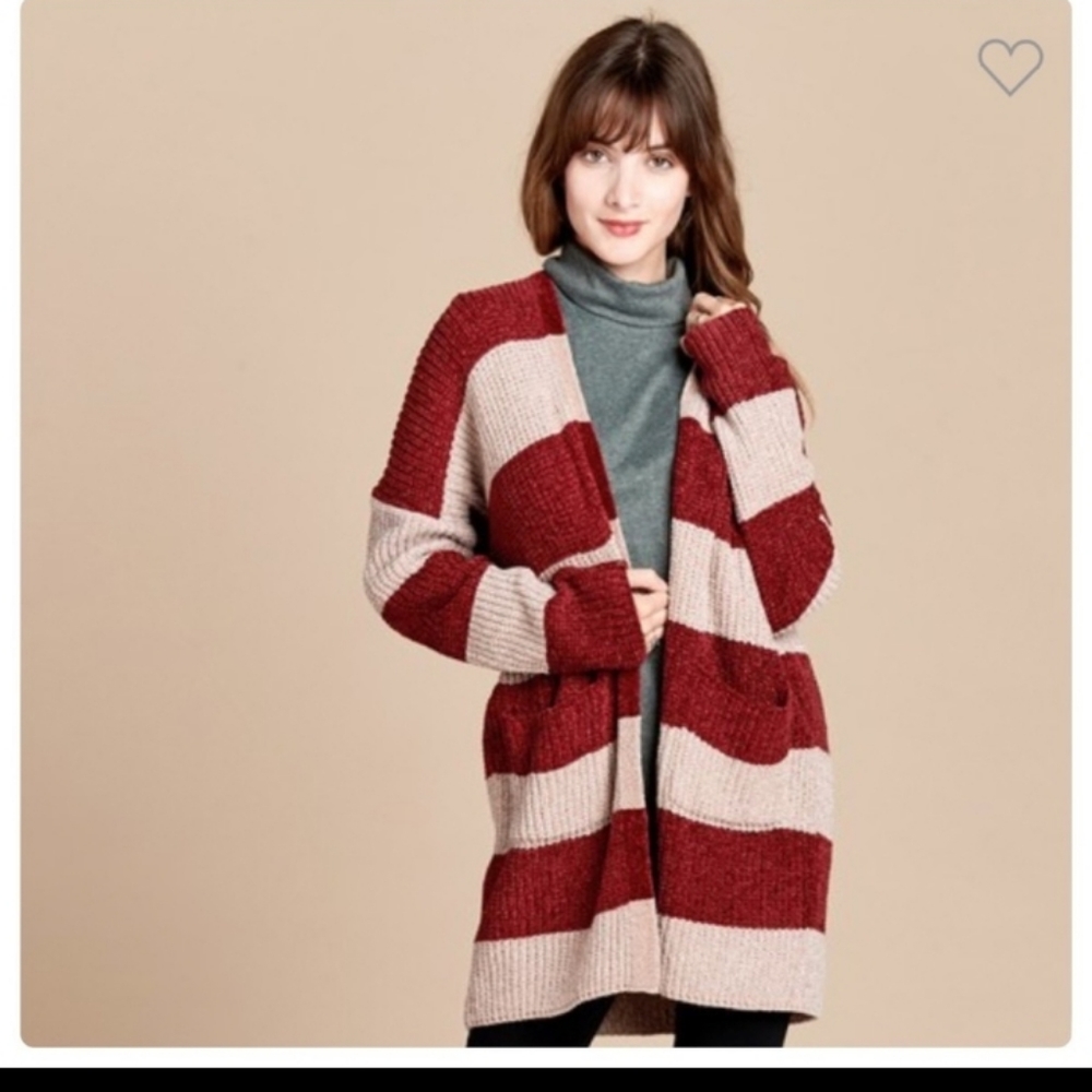 HP ODDY Taupe/Burgundy Stripe Cardigan Sweater - Picture 2 of 11